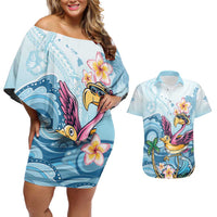 Hawaii Flamingo Couples Matching Off Shoulder Short Dress and Hawaiian Shirt Plumeria Tropical Beach LT01 Blue - Polynesian Pride