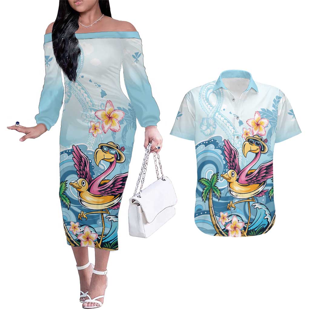 Hawaii Flamingo Couples Matching Off The Shoulder Long Sleeve Dress and Hawaiian Shirt Plumeria Tropical Beach LT01 Blue - Polynesian Pride