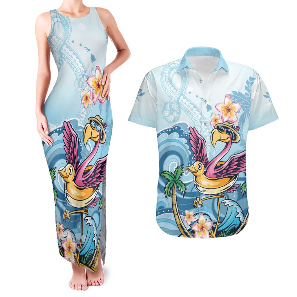 Hawaii Flamingo Couples Matching Tank Maxi Dress and Hawaiian Shirt Plumeria Tropical Beach LT01 Blue - Polynesian Pride