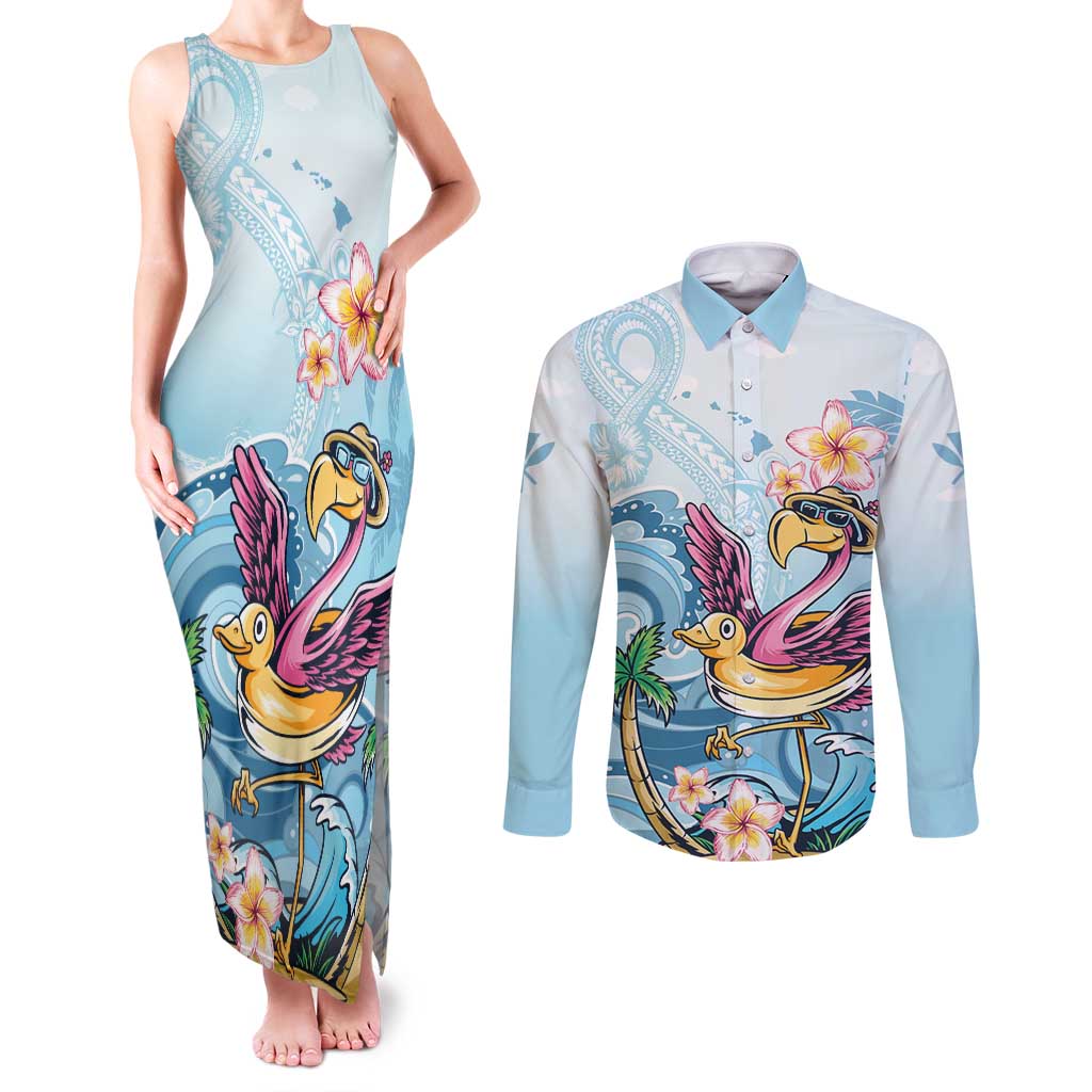 Hawaii Flamingo Couples Matching Tank Maxi Dress and Long Sleeve Button Shirt Plumeria Tropical Beach LT01 Blue - Polynesian Pride