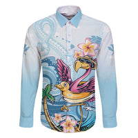 Hawaii Flamingo Family Matching Mermaid Dress and Hawaiian Shirt Plumeria Tropical Beach LT01 Dad's Shirt - Long Sleeve Blue - Polynesian Pride