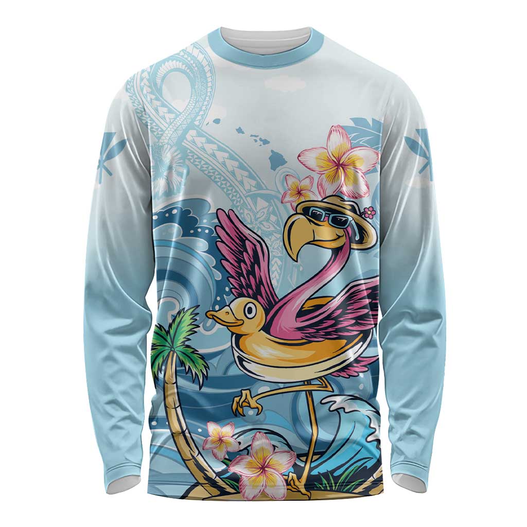 Hawaii Flamingo Long Sleeve Shirt Plumeria Tropical Beach LT01 Unisex Blue - Polynesian Pride
