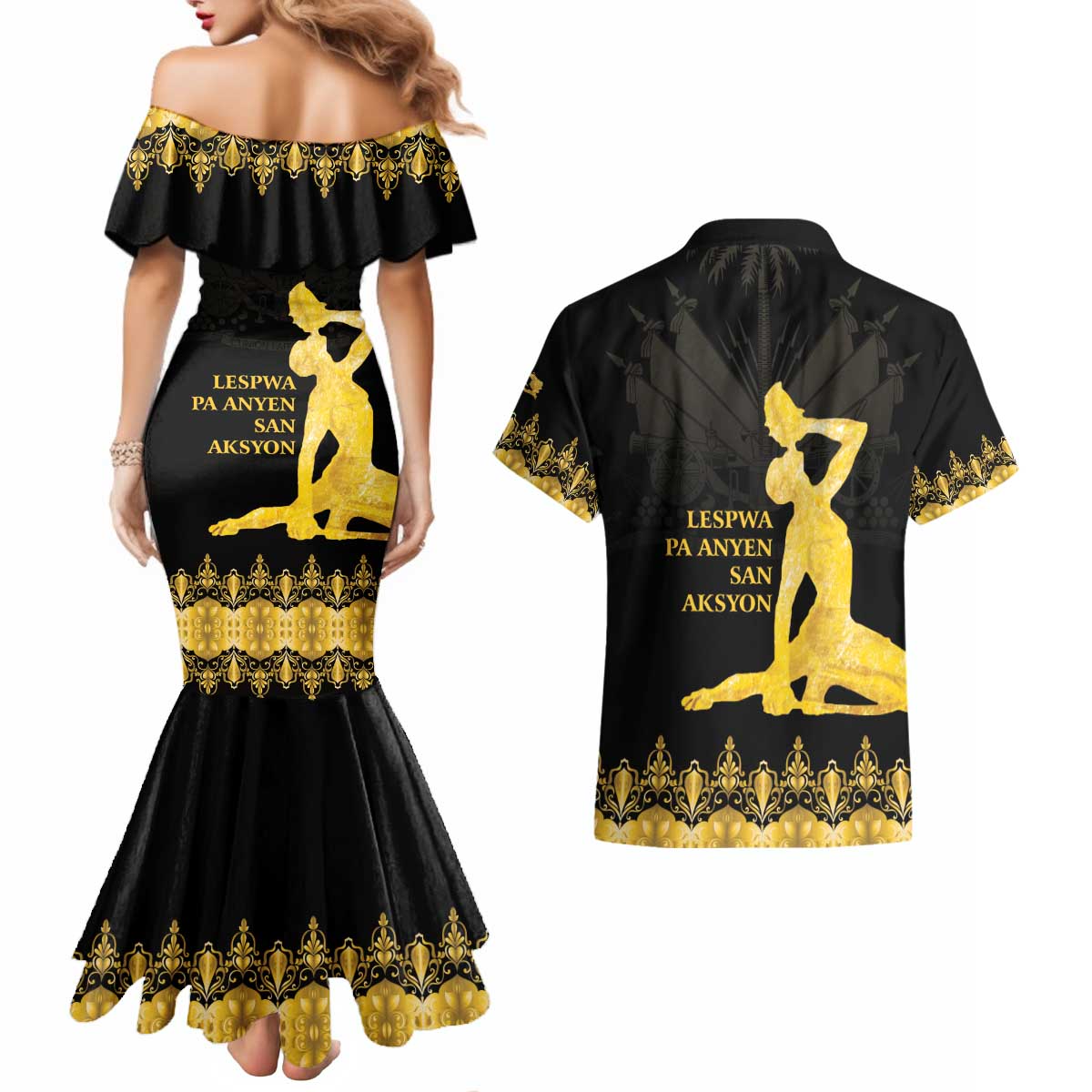 Haiti Neg Marron Gold Couples Matching Mermaid Dress and Hawaiian Shirt Lespwa pa anyen san aksyon