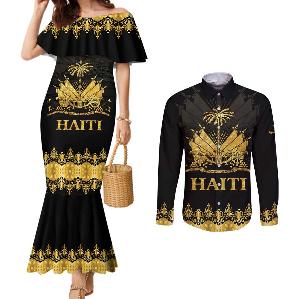 Haiti Neg Marron Gold Couples Matching Mermaid Dress and Long Sleeve Button Shirt Lespwa pa anyen san aksyon LT01 Gold - Polynesian Pride
