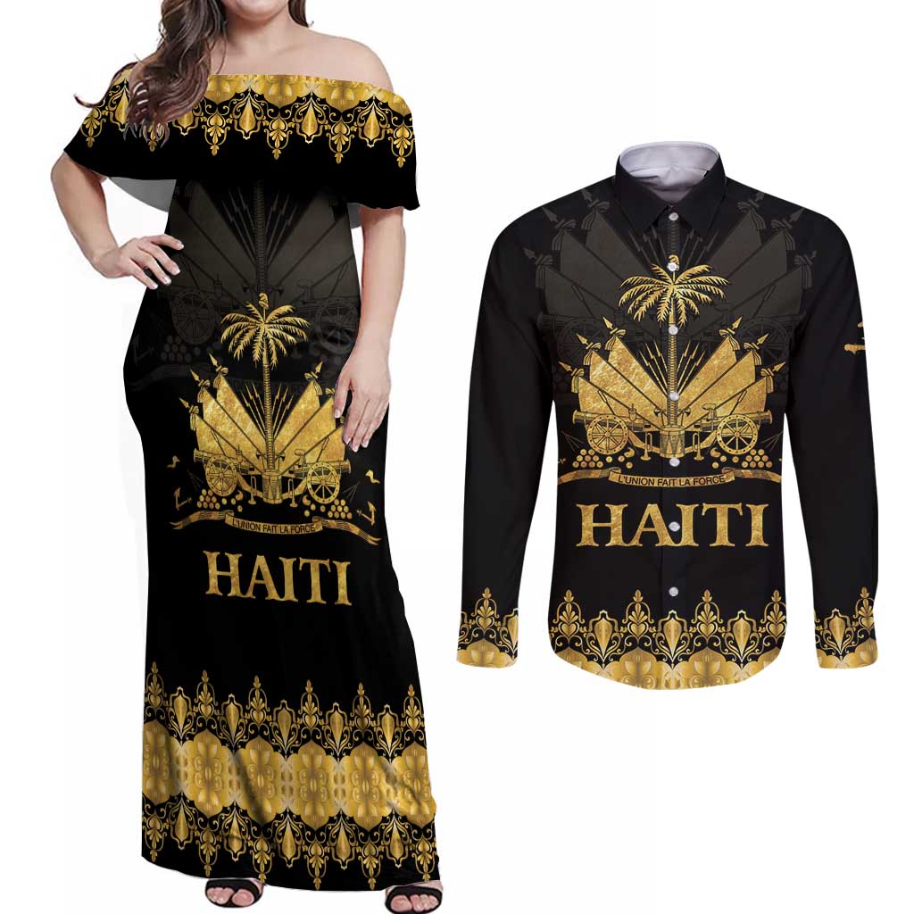 Haiti Neg Marron Gold Couples Matching Off Shoulder Maxi Dress and Long Sleeve Button Shirt Lespwa pa anyen san aksyon LT01 Gold - Polynesian Pride