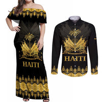Haiti Neg Marron Gold Couples Matching Off Shoulder Maxi Dress and Long Sleeve Button Shirt Lespwa pa anyen san aksyon