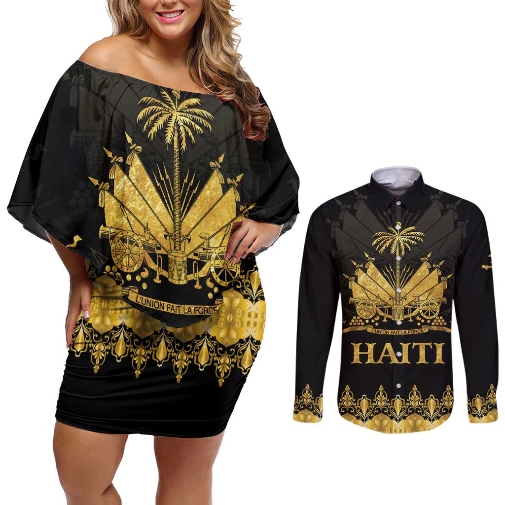 Haiti Neg Marron Gold Couples Matching Off Shoulder Short Dress and Long Sleeve Button Shirt Lespwa pa anyen san aksyon LT01 Gold - Polynesian Pride