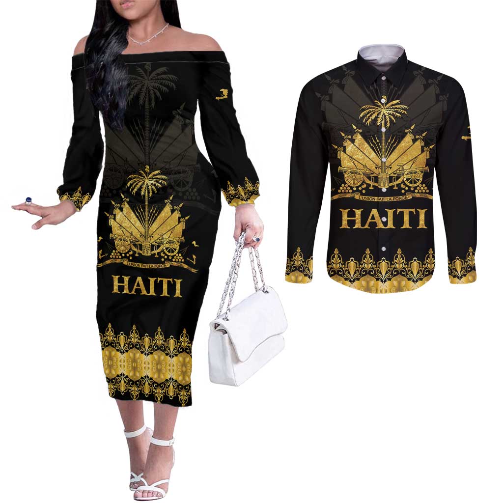 Haiti Neg Marron Gold Couples Matching Off The Shoulder Long Sleeve Dress and Long Sleeve Button Shirt Lespwa pa anyen san aksyon LT01 Gold - Polynesian Pride
