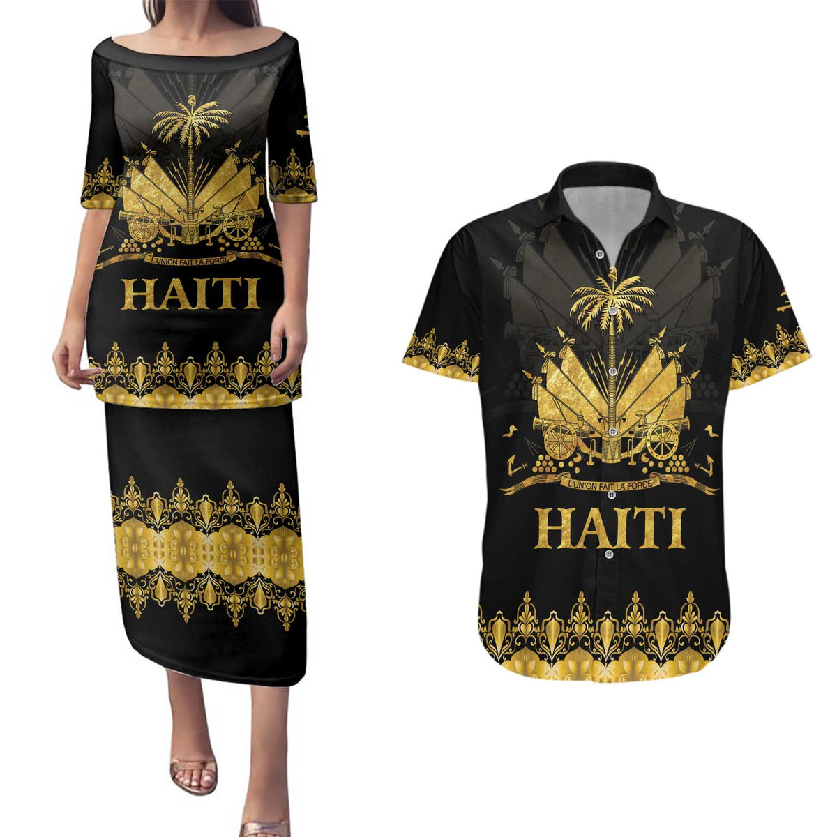 Haiti Neg Marron Gold Couples Matching Puletasi and Hawaiian Shirt Lespwa pa anyen san aksyon