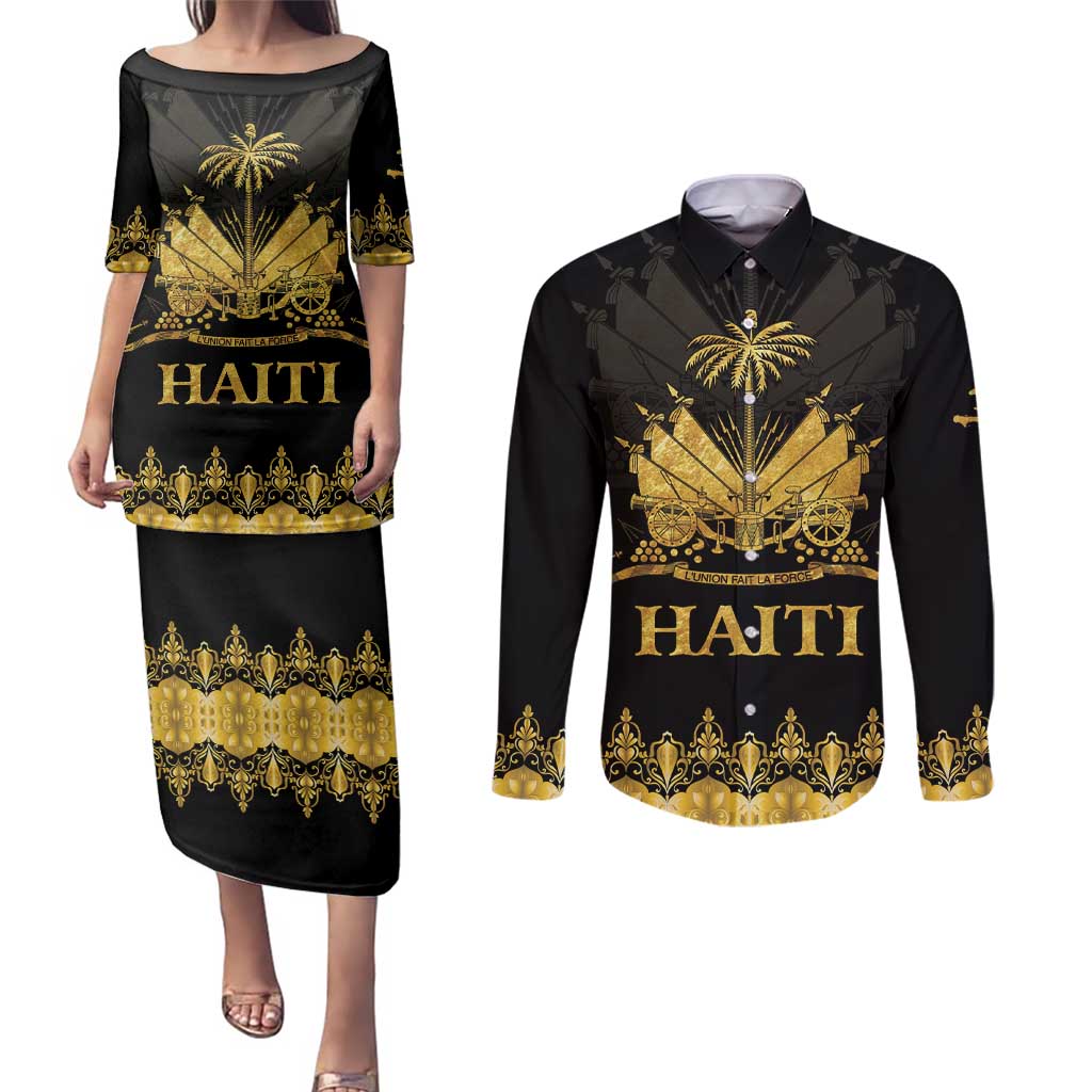 Haiti Neg Marron Gold Couples Matching Puletasi and Long Sleeve Button Shirt Lespwa pa anyen san aksyon LT01 Gold - Polynesian Pride