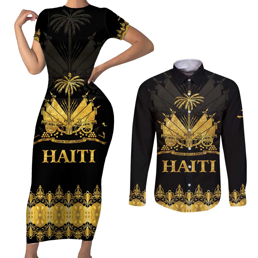 Haiti Neg Marron Gold Couples Matching Short Sleeve Bodycon Dress and Long Sleeve Button Shirt Lespwa pa anyen san aksyon LT01 Gold - Polynesian Pride