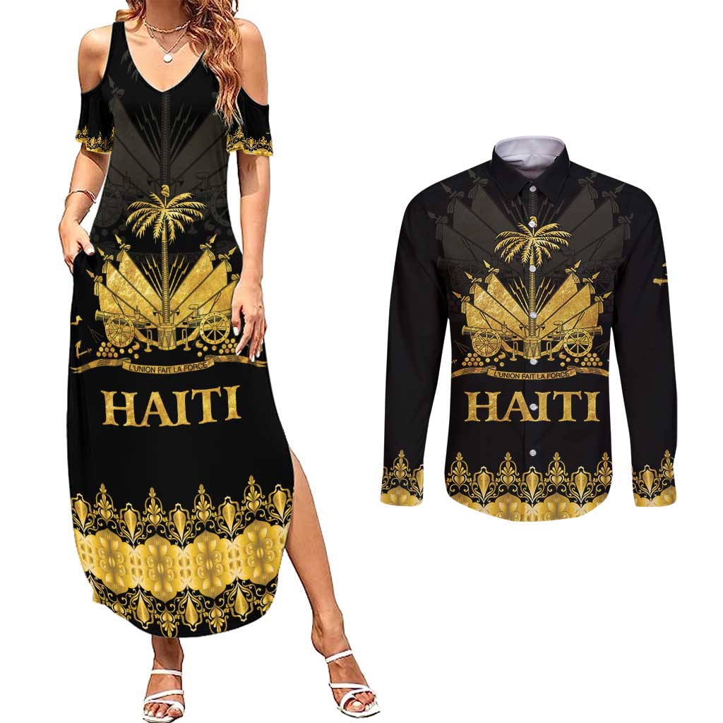 Haiti Neg Marron Gold Couples Matching Summer Maxi Dress and Long Sleeve Button Shirt Lespwa pa anyen san aksyon LT01 Gold - Polynesian Pride