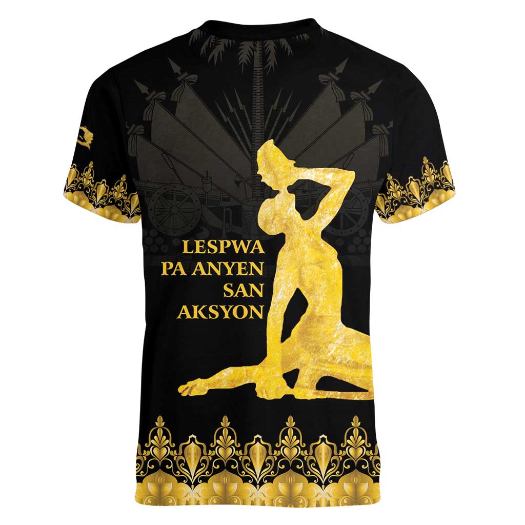 Haiti Neg Marron Gold Women V-Neck T-Shirt Lespwa pa anyen san aksyon