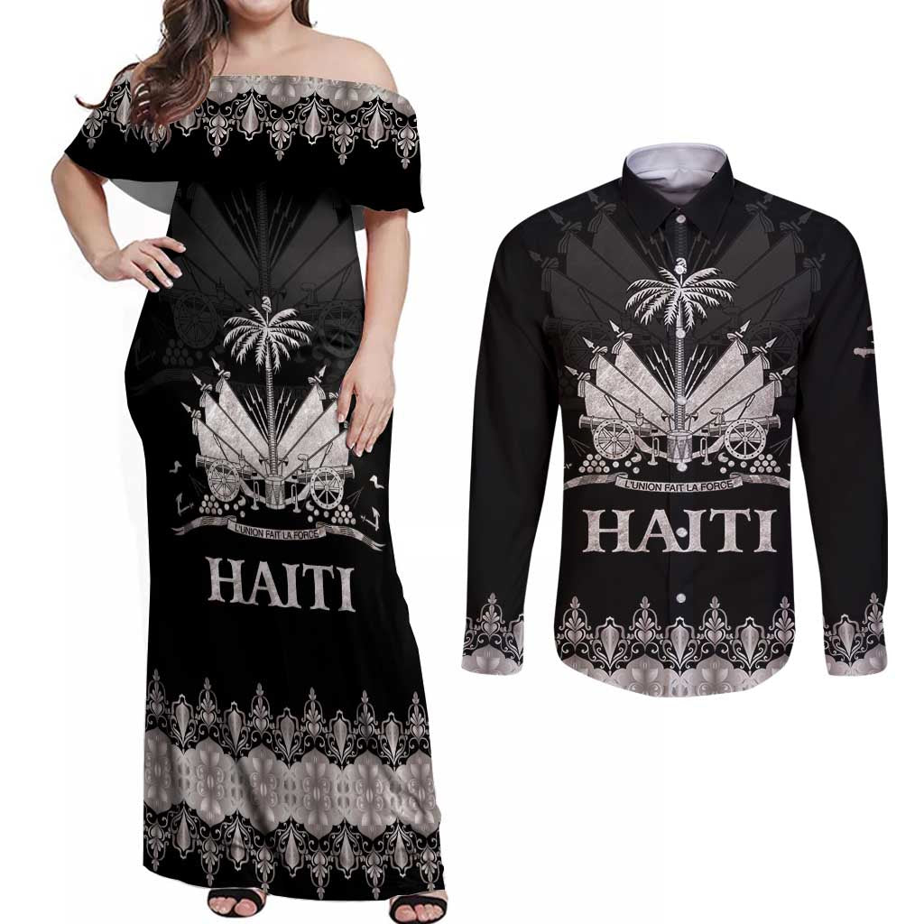 Haiti Neg Marron Silver Couples Matching Off Shoulder Maxi Dress and Long Sleeve Button Shirt Hope is Nothing Without Action LT01 Silver - Polynesian Pride