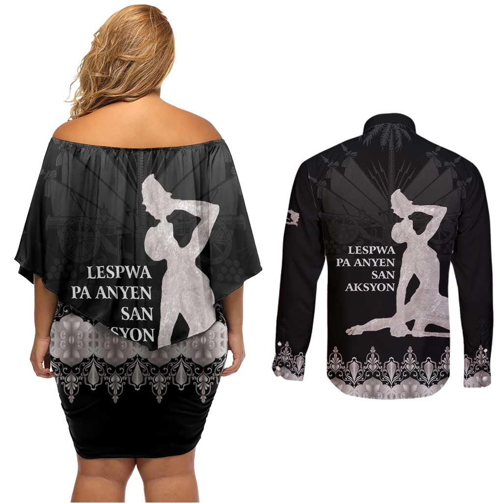 Haiti Neg Marron Silver Couples Matching Off Shoulder Short Dress and Long Sleeve Button Shirt Hope is Nothing Without Action