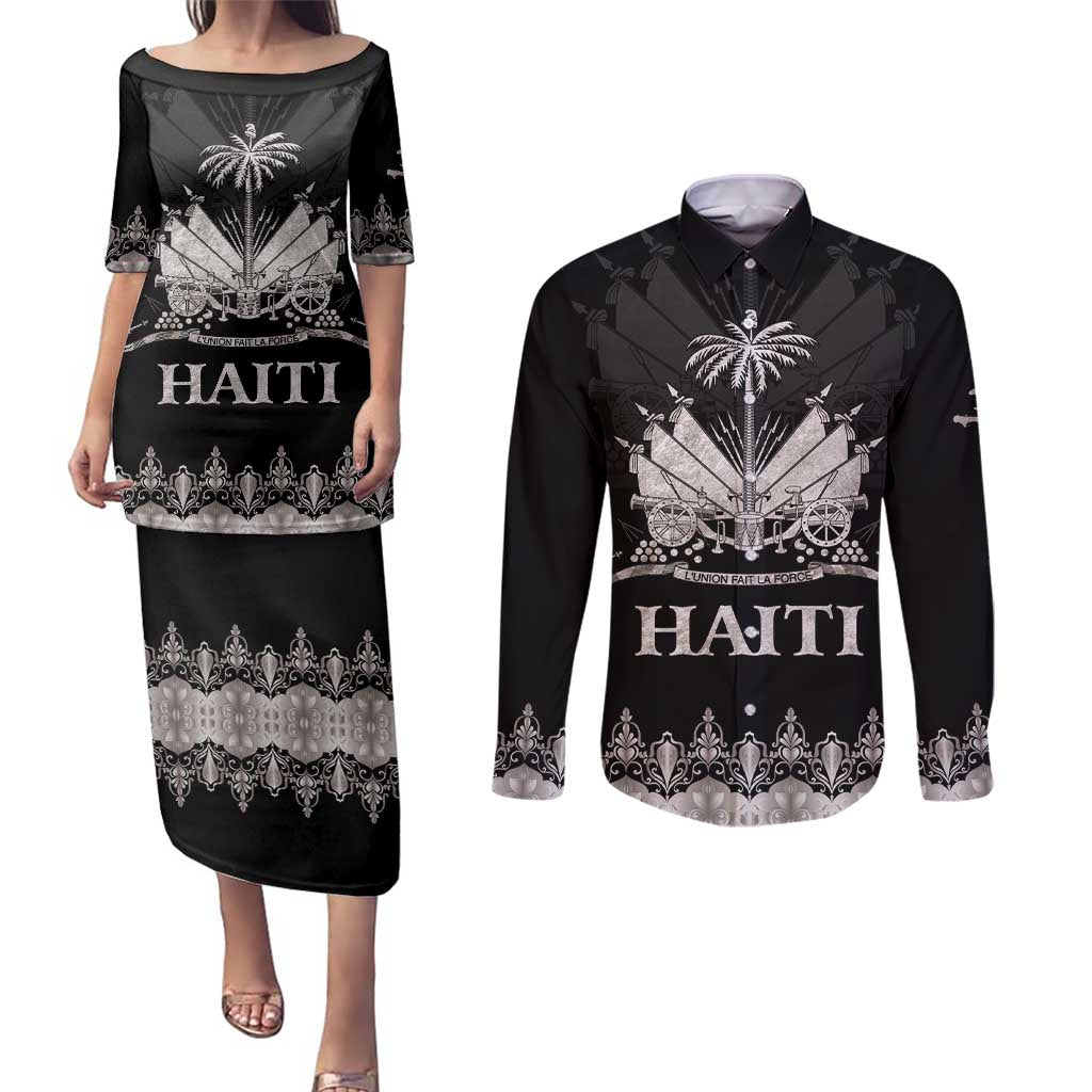 Haiti Neg Marron Silver Couples Matching Puletasi and Long Sleeve Button Shirt Hope is Nothing Without Action LT01 Silver - Polynesian Pride
