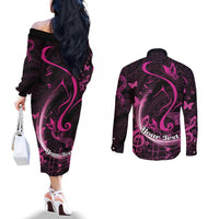 Personalised Survivor Melody Pink Couples Matching Off The Shoulder Long Sleeve Dress and Long Sleeve Button Shirt Breast Cancer Polynesian Pattern