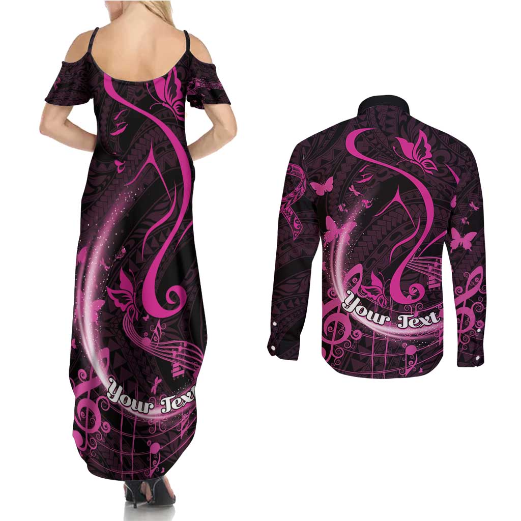 Personalised Survivor Melody Pink Couples Matching Summer Maxi Dress and Long Sleeve Button Shirt Breast Cancer Polynesian Pattern LT01 - Polynesian Pride