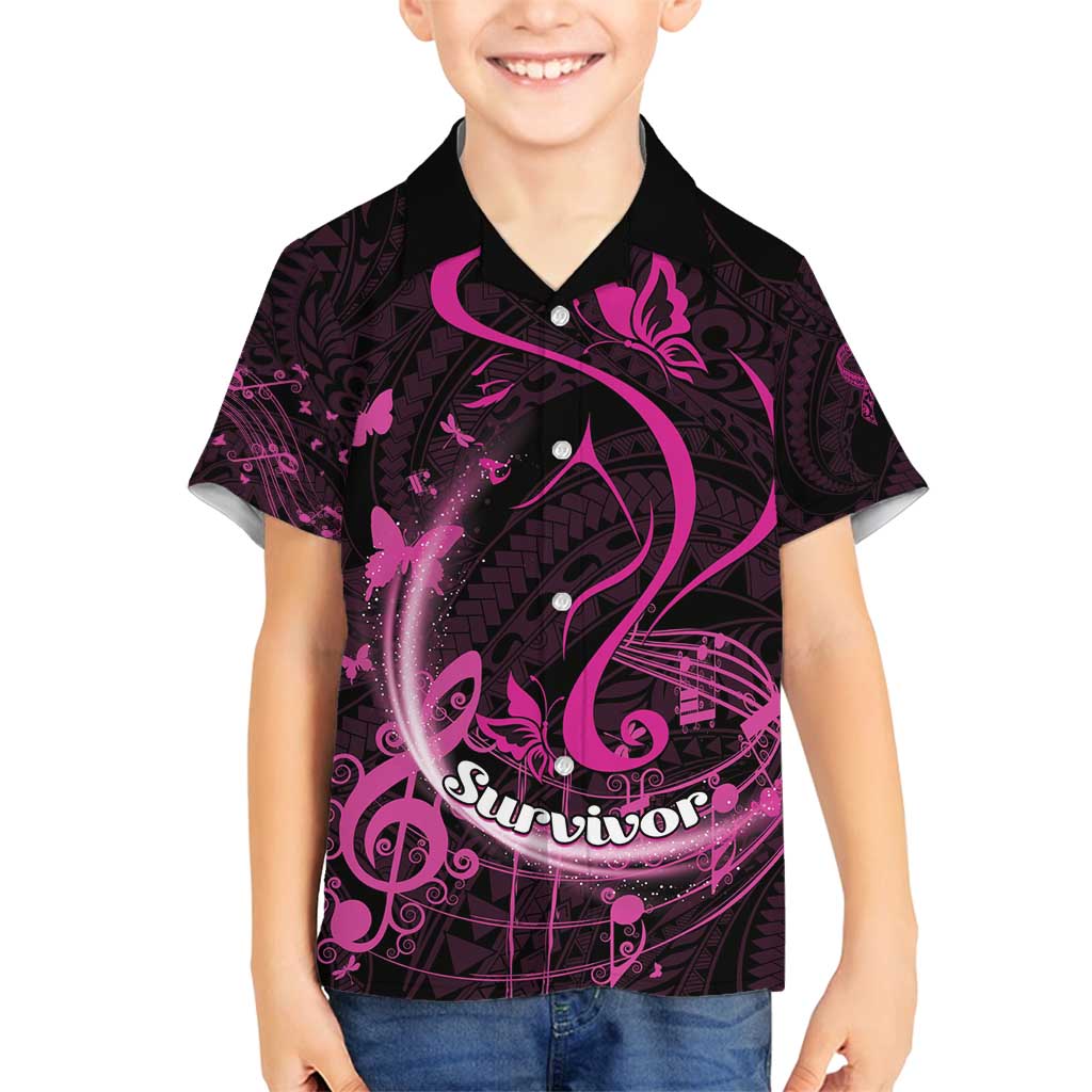 Personalised Survivor Melody Pink Family Matching Long Sleeve Bodycon Dress and Hawaiian Shirt Breast Cancer Polynesian Pattern