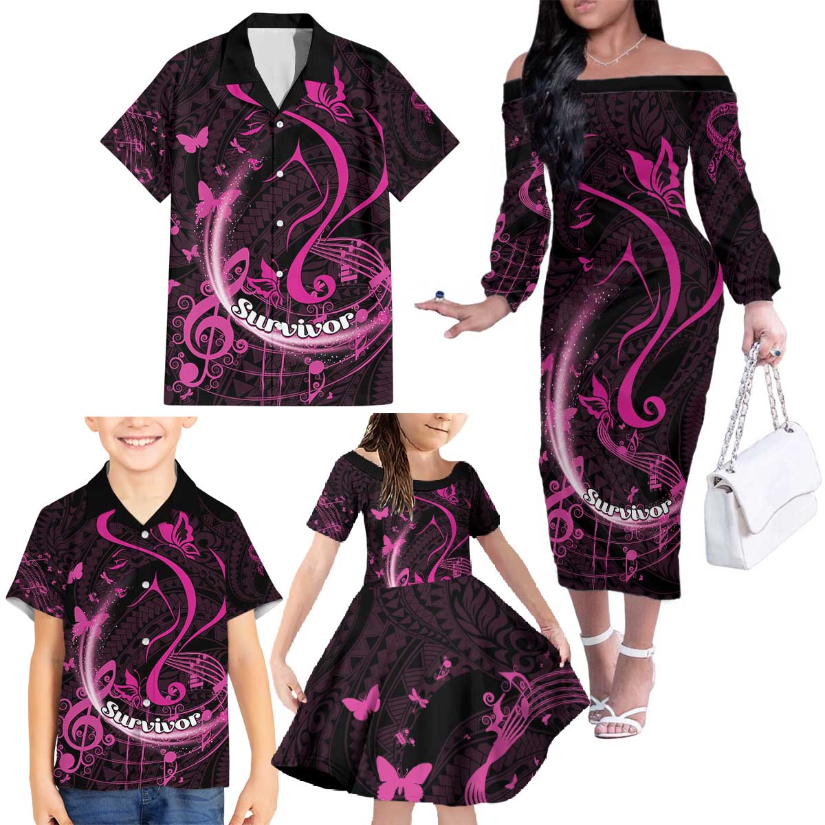 Personalised Survivor Melody Pink Family Matching Off The Shoulder Long Sleeve Dress and Hawaiian Shirt Breast Cancer Polynesian Pattern LT01 - Polynesian Pride