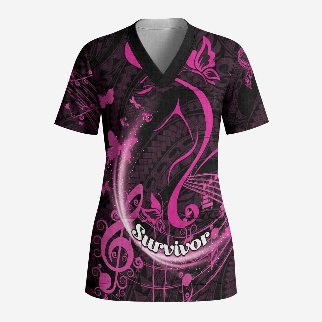 Personalised Survivor Melody Pink Scrub Top Breast Cancer Polynesian Pattern - Polynesian Pride