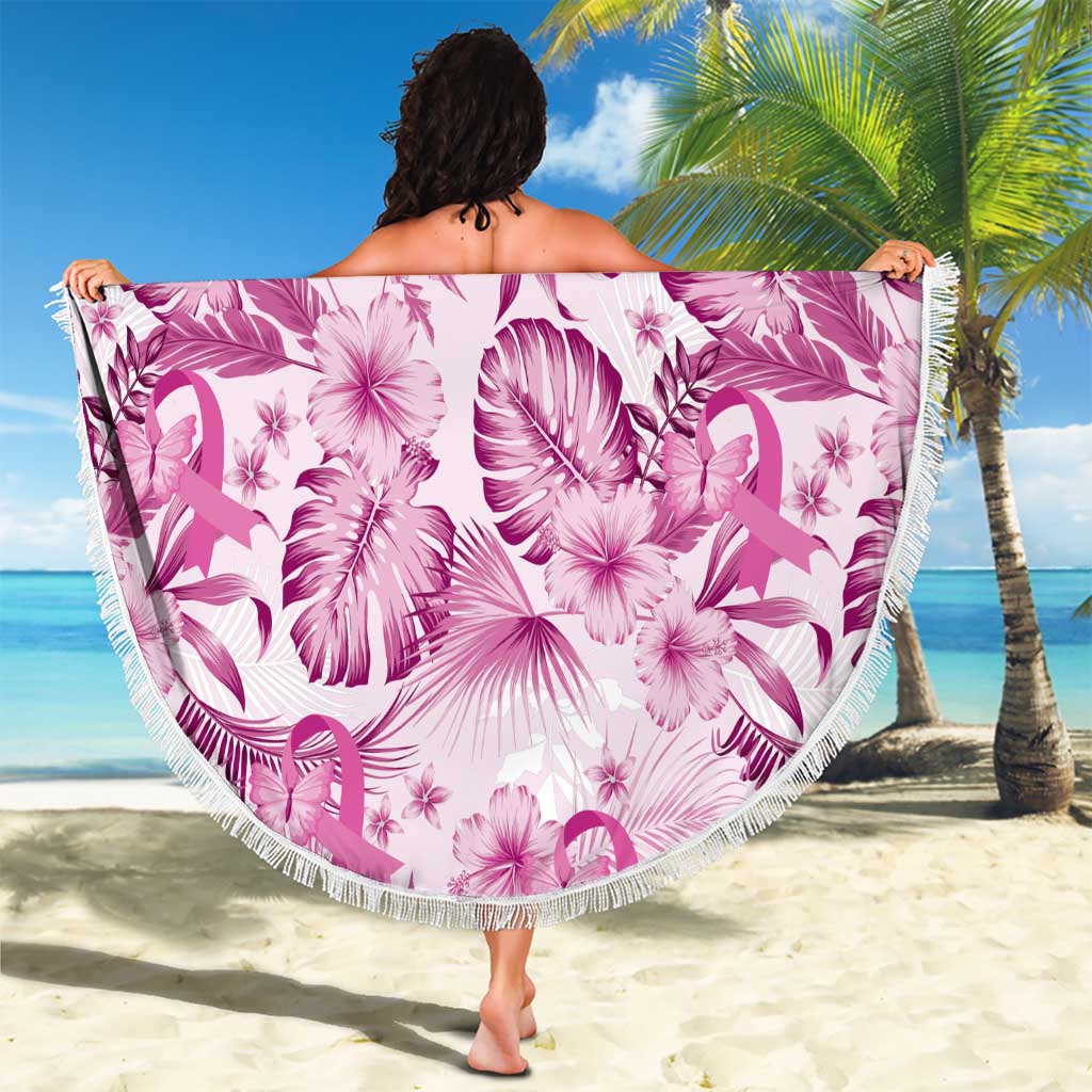 Pink Ribbon Hibiscus Tropical Pattern Beach Blanket Breast Cancer