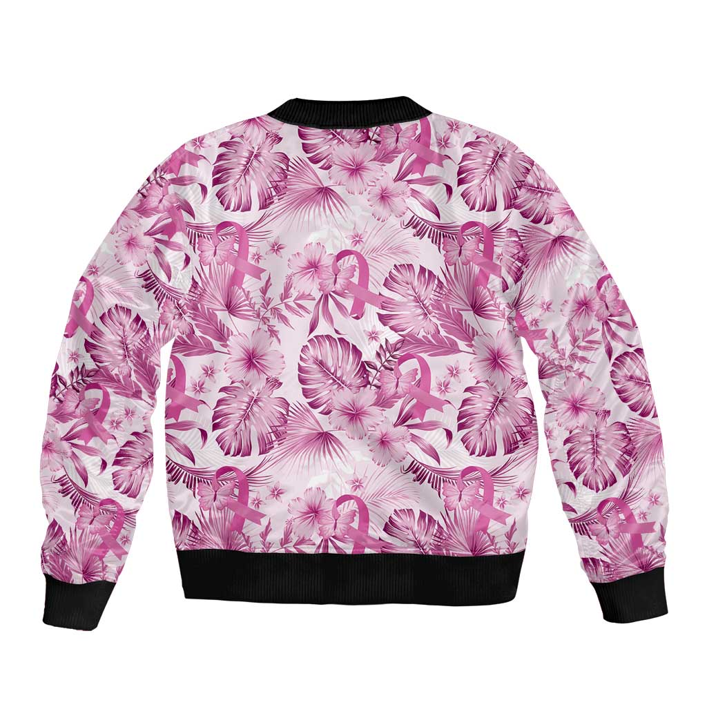 Pink Ribbon Hibiscus Tropical Pattern Bomber Jacket Breast Cancer