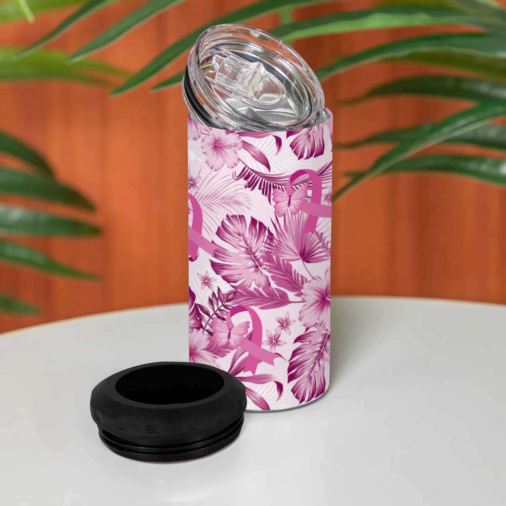 Pink Ribbon Hibiscus Tropical Pattern 4 in 1 Can Cooler Tumbler Breast Cancer