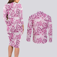 Pink Ribbon Hibiscus Tropical Pattern Couples Matching Long Sleeve Bodycon Dress and Long Sleeve Button Shirt Breast Cancer