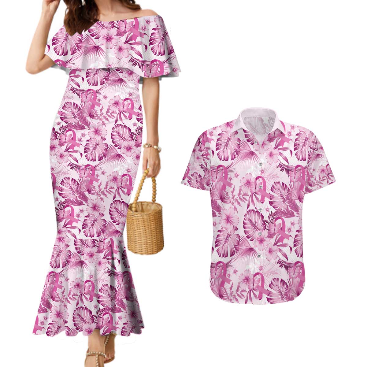 Pink Ribbon Hibiscus Tropical Pattern Couples Matching Mermaid Dress and Hawaiian Shirt Breast Cancer LT01 Pink - Polynesian Pride