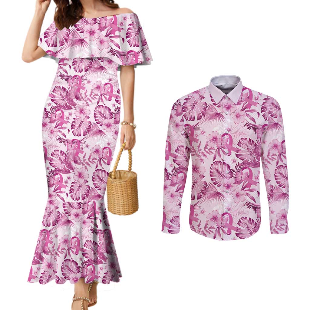 Pink Ribbon Hibiscus Tropical Pattern Couples Matching Mermaid Dress and Long Sleeve Button Shirt Breast Cancer