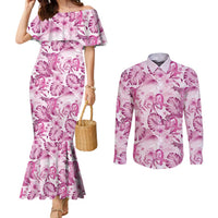 Pink Ribbon Hibiscus Tropical Pattern Couples Matching Mermaid Dress and Long Sleeve Button Shirt Breast Cancer