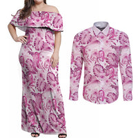 Pink Ribbon Hibiscus Tropical Pattern Couples Matching Off Shoulder Maxi Dress and Long Sleeve Button Shirt Breast Cancer