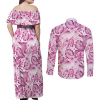 Pink Ribbon Hibiscus Tropical Pattern Couples Matching Off Shoulder Maxi Dress and Long Sleeve Button Shirt Breast Cancer