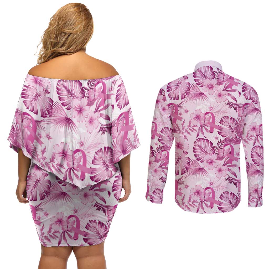 Pink Ribbon Hibiscus Tropical Pattern Couples Matching Off Shoulder Short Dress and Long Sleeve Button Shirt Breast Cancer LT01 - Polynesian Pride