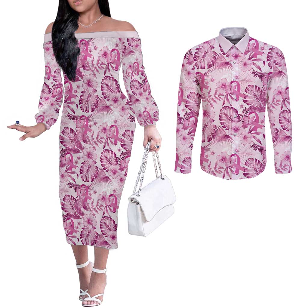 Pink Ribbon Hibiscus Tropical Pattern Couples Matching Off The Shoulder Long Sleeve Dress and Long Sleeve Button Shirt Breast Cancer