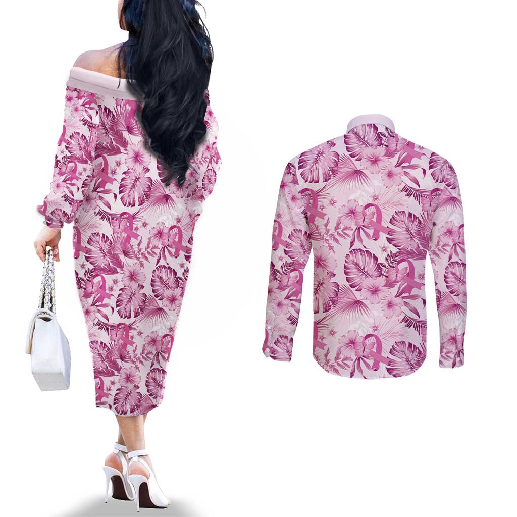 Pink Ribbon Hibiscus Tropical Pattern Couples Matching Off The Shoulder Long Sleeve Dress and Long Sleeve Button Shirt Breast Cancer