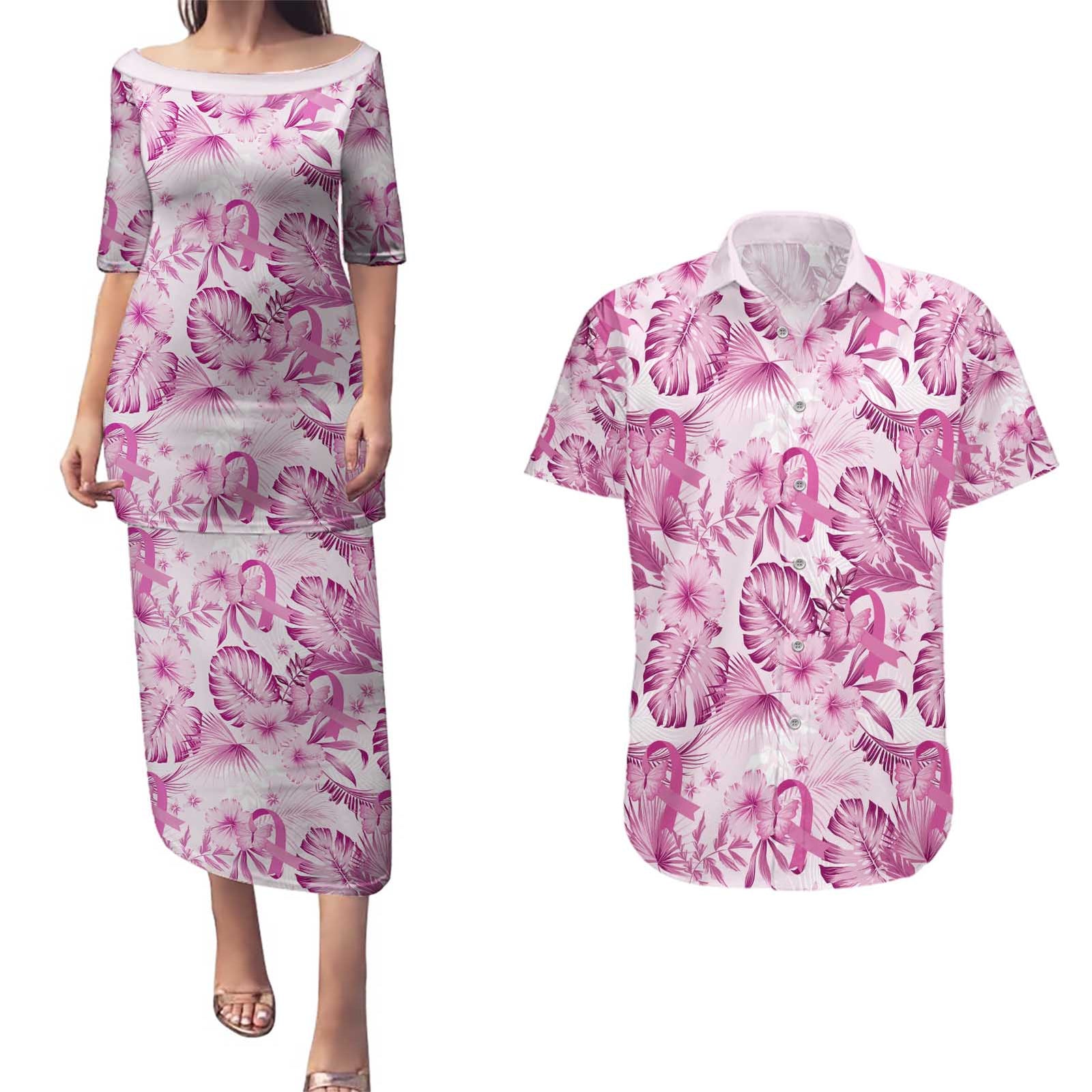 Pink Ribbon Hibiscus Tropical Pattern Couples Matching Puletasi and Hawaiian Shirt Breast Cancer LT01 Pink - Polynesian Pride