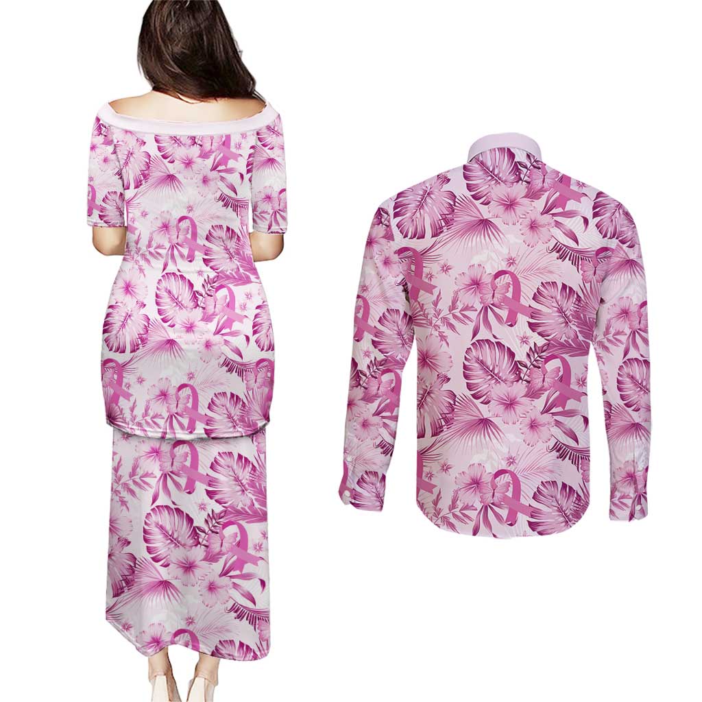 Pink Ribbon Hibiscus Tropical Pattern Couples Matching Puletasi and Long Sleeve Button Shirt Breast Cancer
