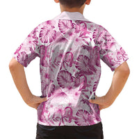 Pink Ribbon Hibiscus Tropical Pattern Family Matching Long Sleeve Bodycon Dress and Hawaiian Shirt Breast Cancer