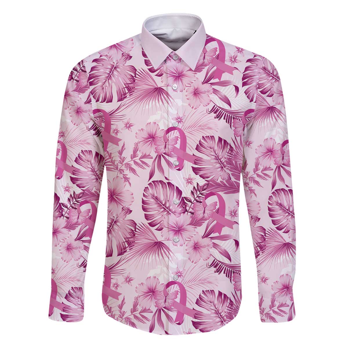 Pink Ribbon Hibiscus Tropical Pattern Family Matching Off The Shoulder Long Sleeve Dress and Hawaiian Shirt Breast Cancer