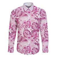 Pink Ribbon Hibiscus Tropical Pattern Family Matching Off The Shoulder Long Sleeve Dress and Hawaiian Shirt Breast Cancer
