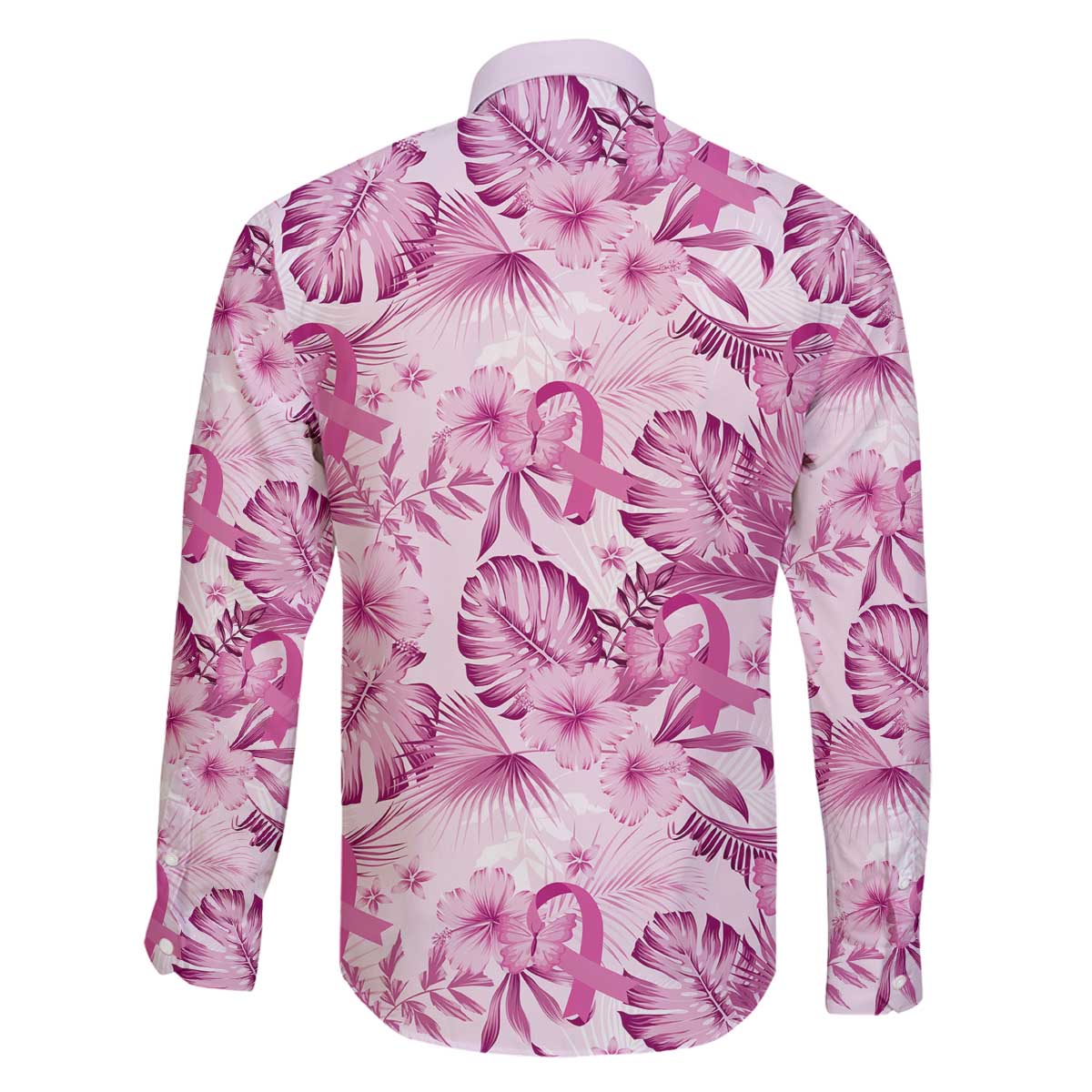 Pink Ribbon Hibiscus Tropical Pattern Family Matching Off The Shoulder Long Sleeve Dress and Hawaiian Shirt Breast Cancer