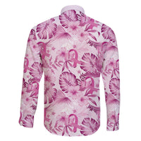 Pink Ribbon Hibiscus Tropical Pattern Family Matching Off The Shoulder Long Sleeve Dress and Hawaiian Shirt Breast Cancer
