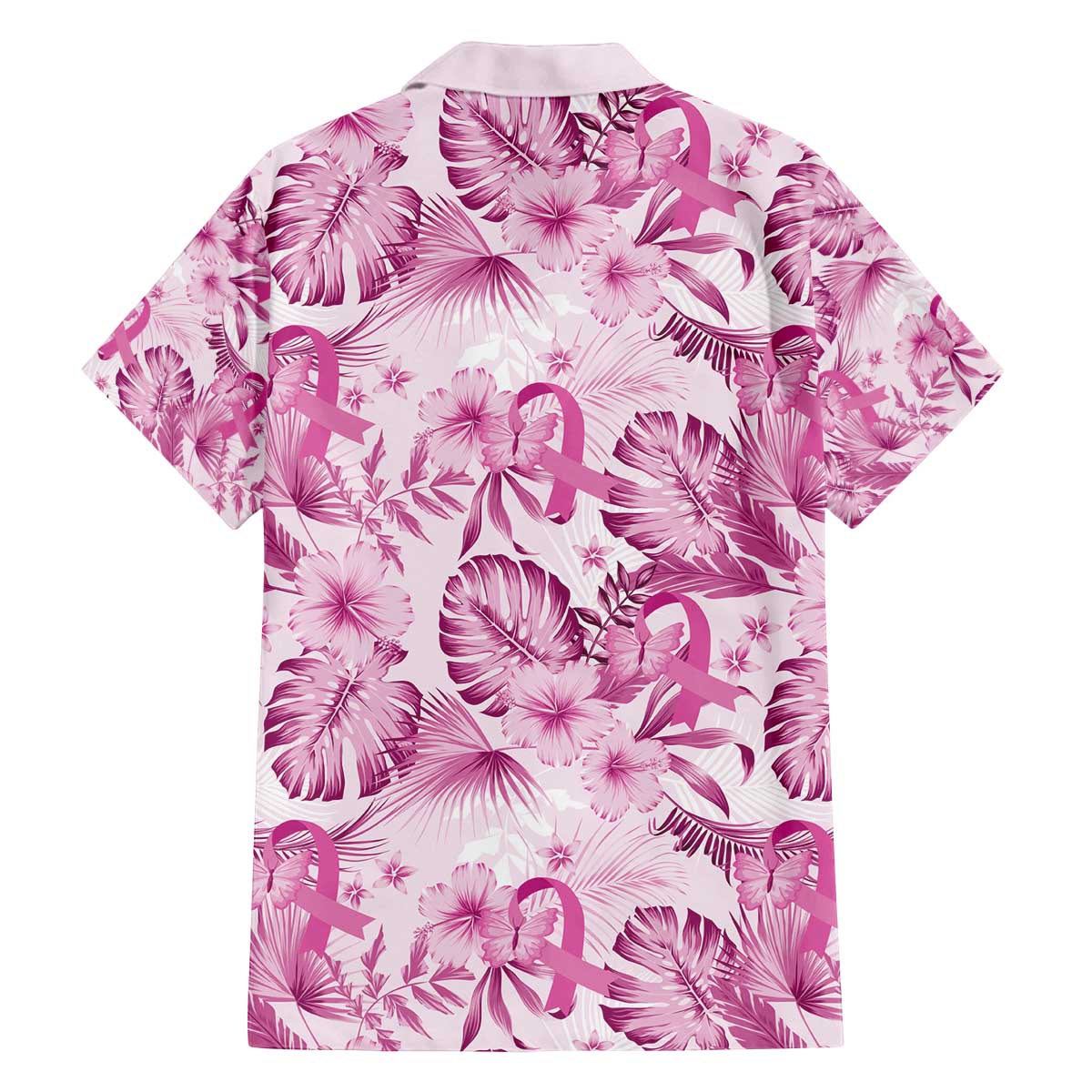 Pink Ribbon Hibiscus Tropical Pattern Family Matching Puletasi and Hawaiian Shirt Breast Cancer