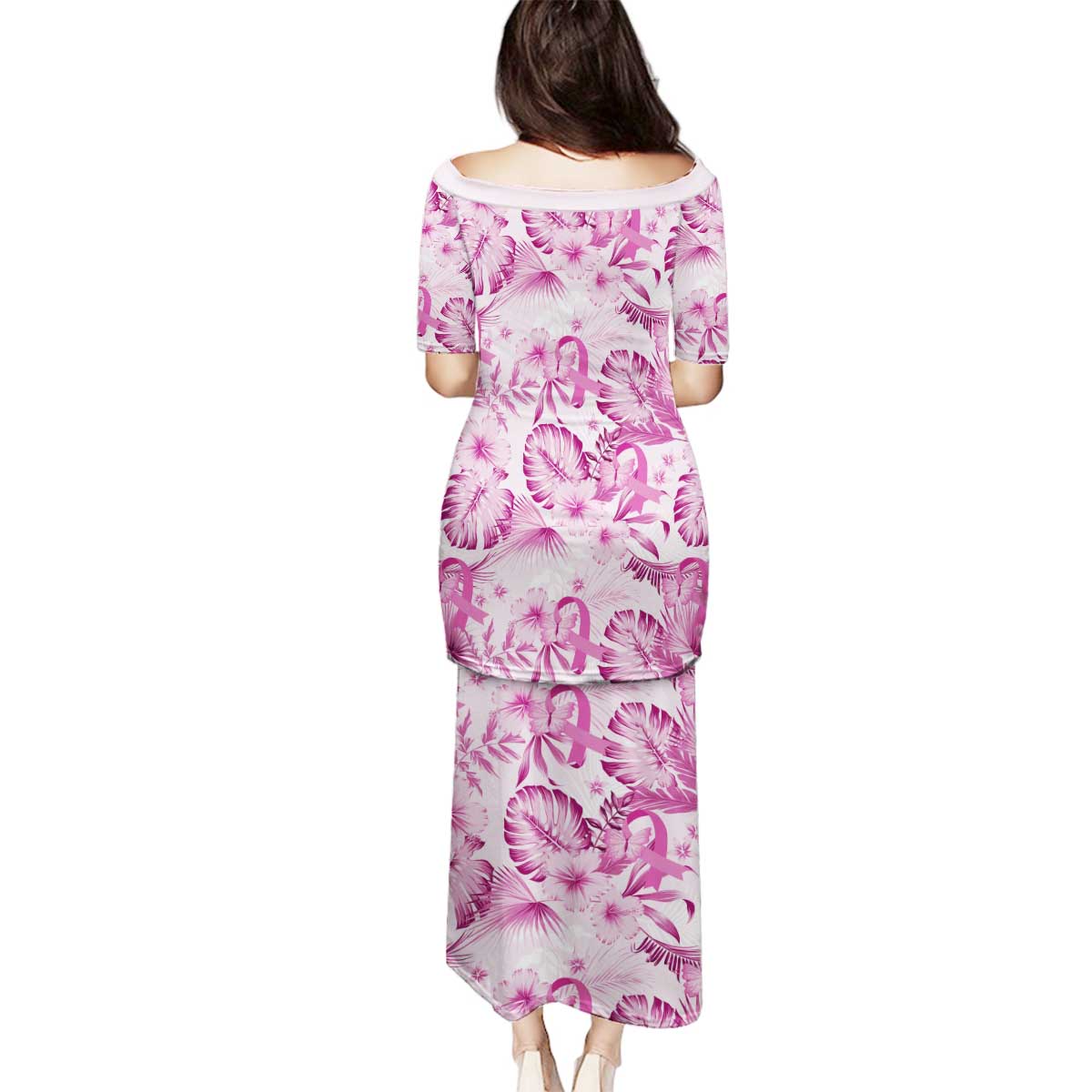 Pink Ribbon Hibiscus Tropical Pattern Family Matching Puletasi and Hawaiian Shirt Breast Cancer