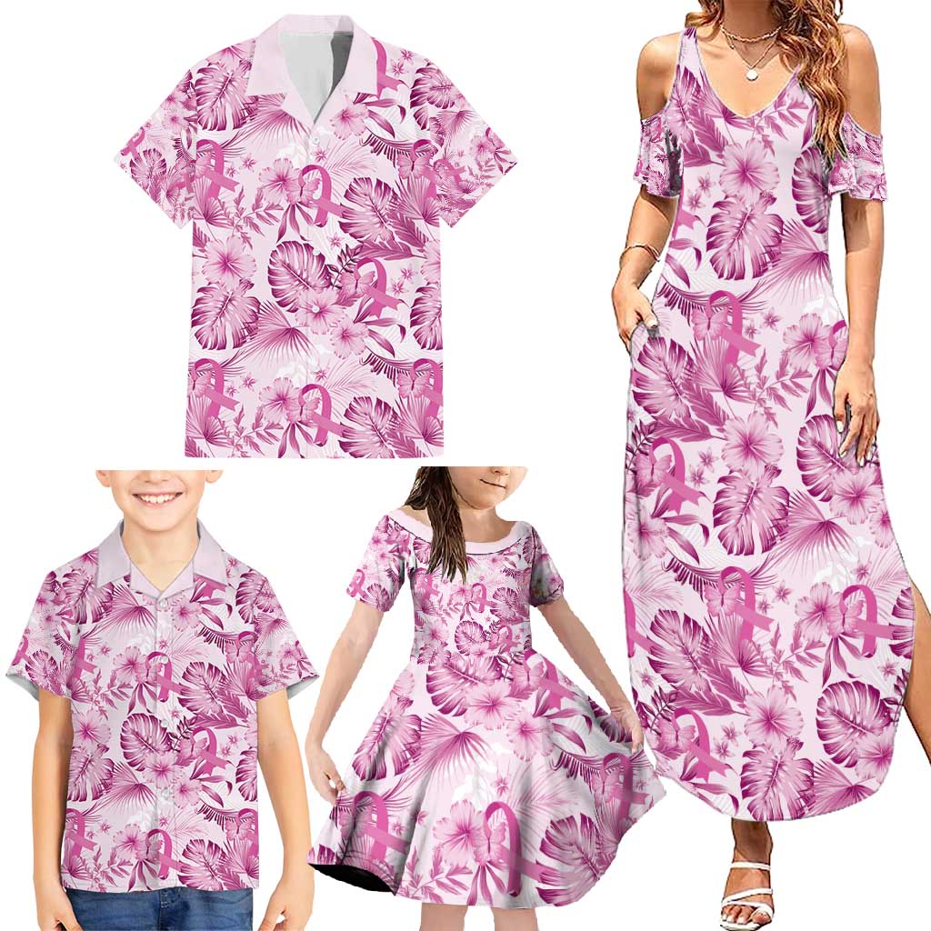 Pink Ribbon Hibiscus Tropical Pattern Family Matching Summer Maxi Dress and Hawaiian Shirt Breast Cancer LT01 - Polynesian Pride