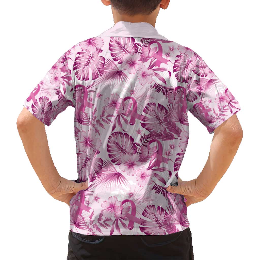 Pink Ribbon Hibiscus Tropical Pattern Family Matching Tank Maxi Dress and Hawaiian Shirt Breast Cancer