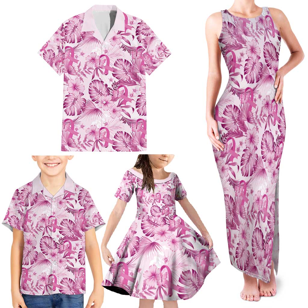 Pink Ribbon Hibiscus Tropical Pattern Family Matching Tank Maxi Dress and Hawaiian Shirt Breast Cancer LT01 - Polynesian Pride