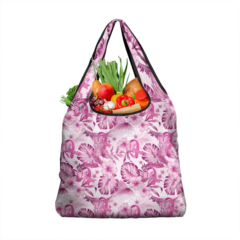 Pink Ribbon Hibiscus Tropical Pattern Grocery Bag Breast Cancer